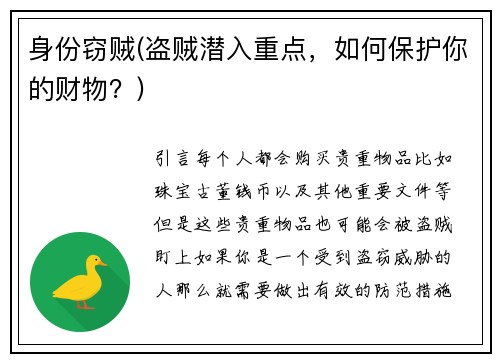 身份窃贼(盗贼潜入重点，如何保护你的财物？)